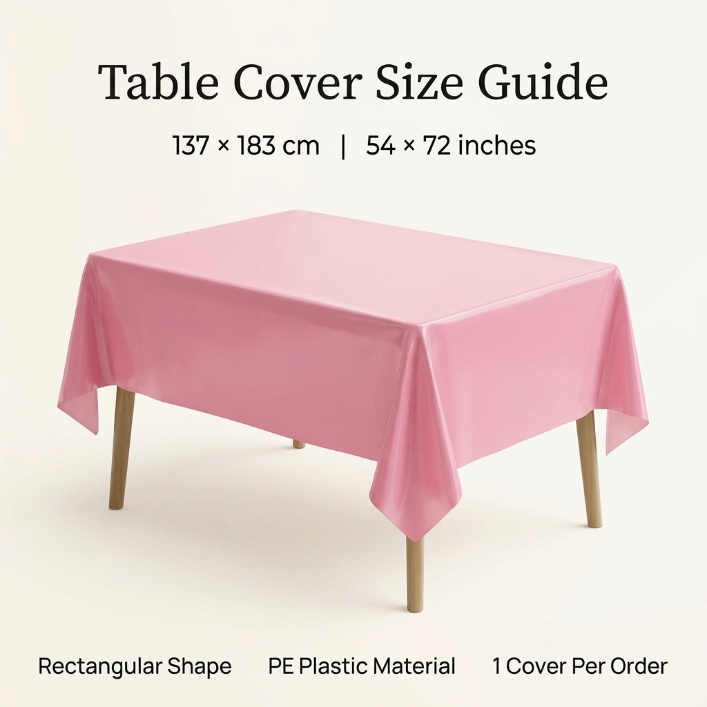 Table cover size guide showing a pink rectangular PE plastic party table cover, 137 x 183 cm (54 x 72 in), 1 cover per order