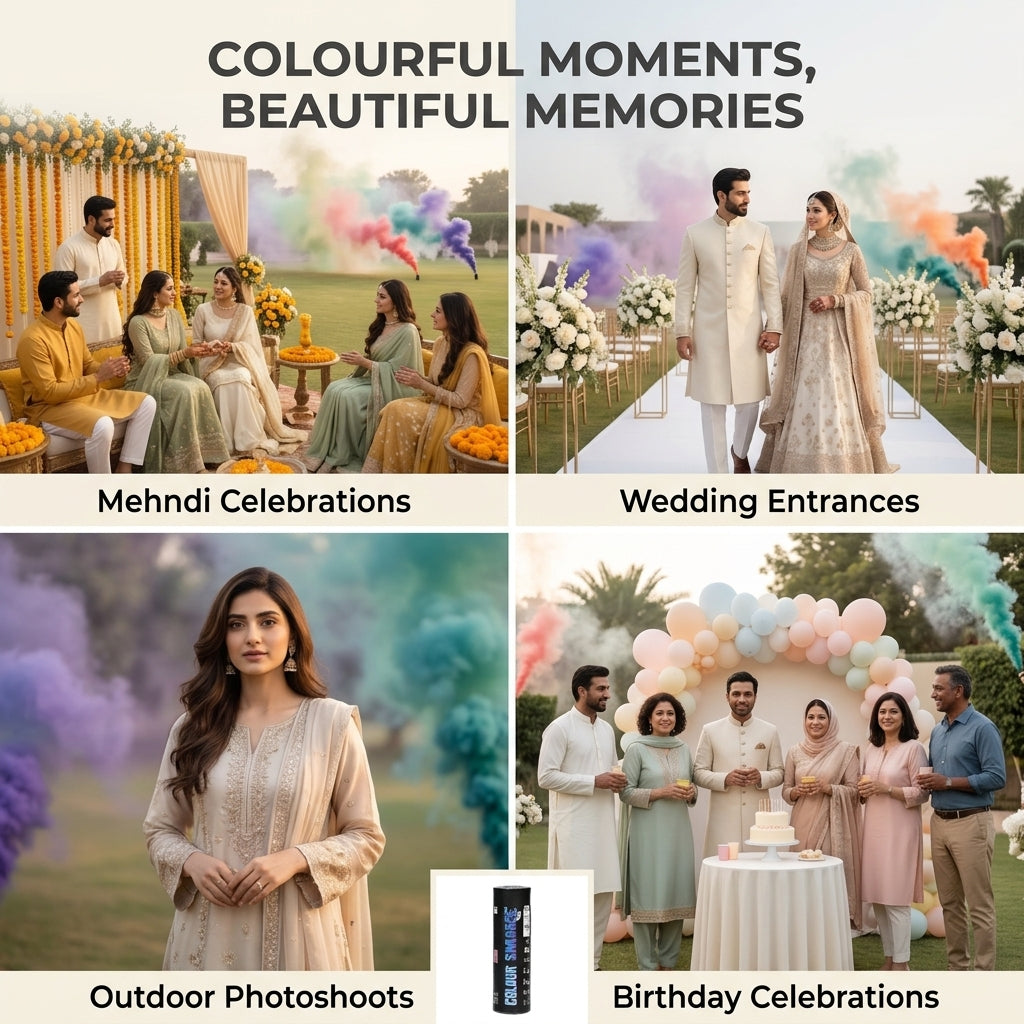 Colour smoke bomb for mehndi, wedding entry, outdoor photoshoot and birthday celebration in Pakistan