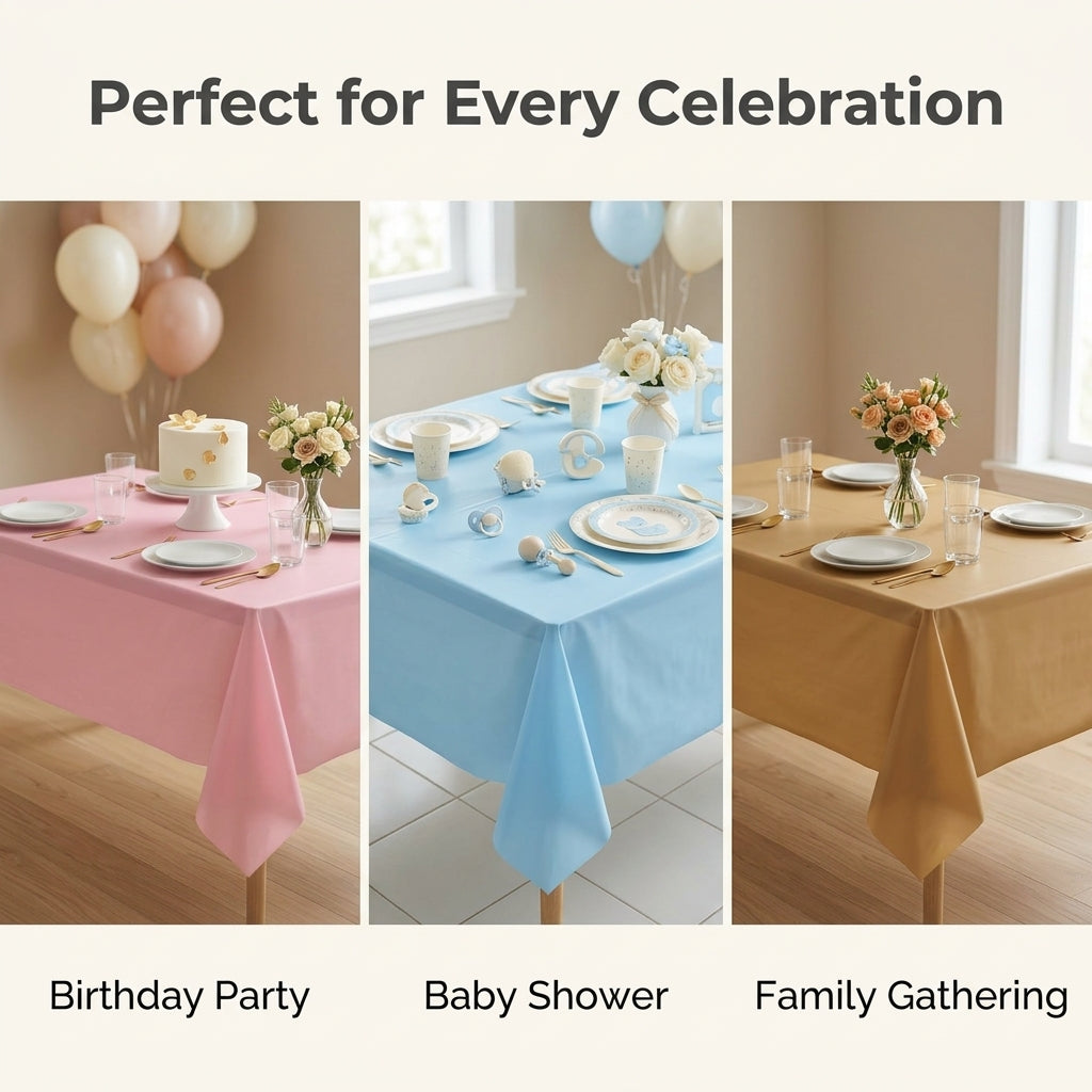 Pink, blue and golden plastic table covers set up for a birthday party, baby shower and family gathering