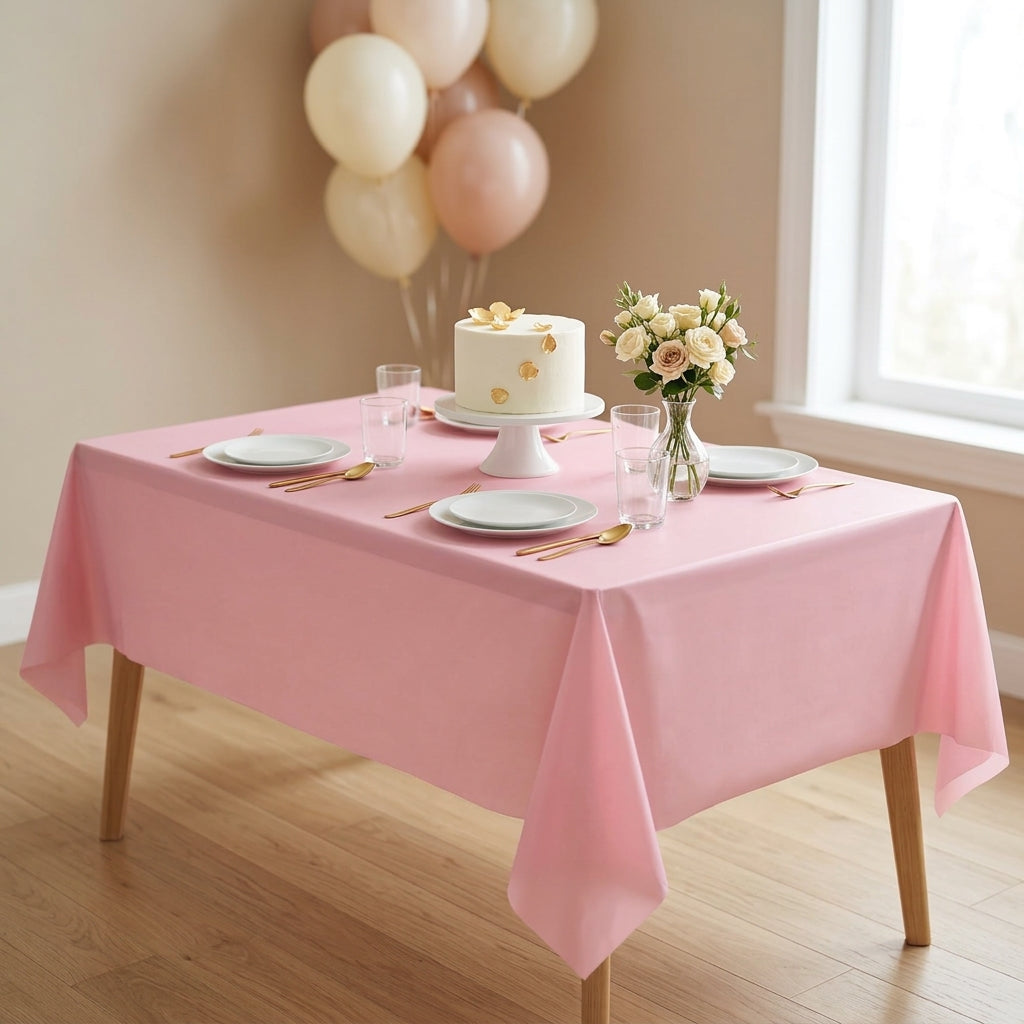 Pink plastic party table cover on a rectangular table set for a birthday with cake, plates and balloons