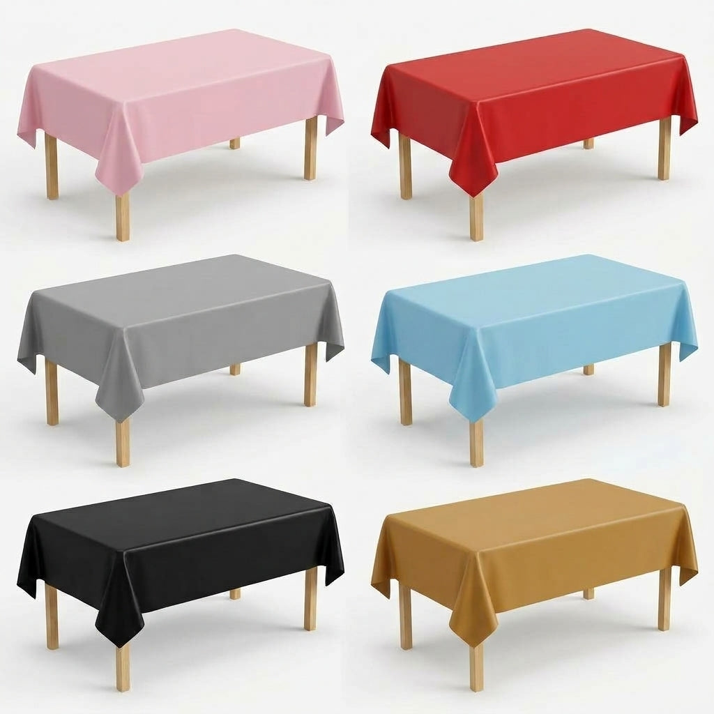 Plastic party table covers in pink, red, grey, blue, black and golden on six rectangular tables