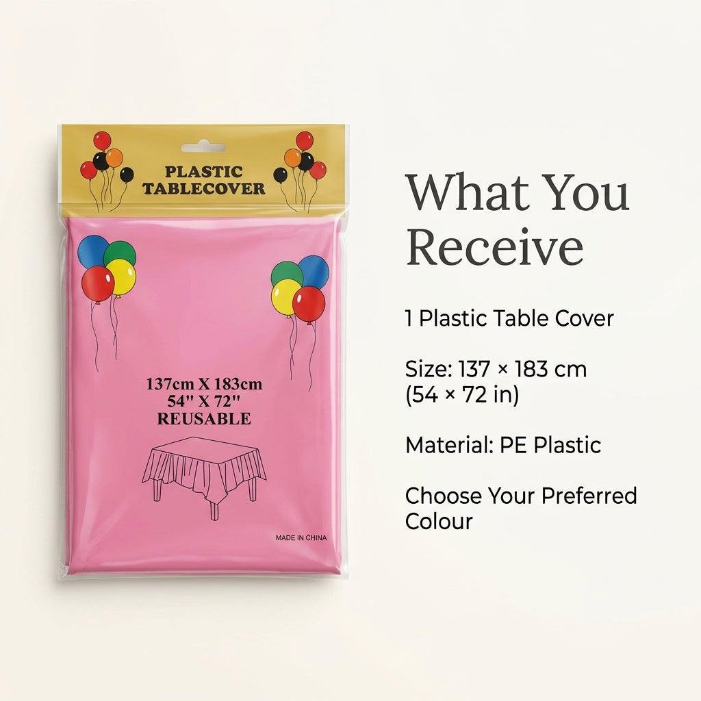 Pink plastic table cover in retail packaging marked 137 x 183 cm, with 1 cover per order and PE plastic details