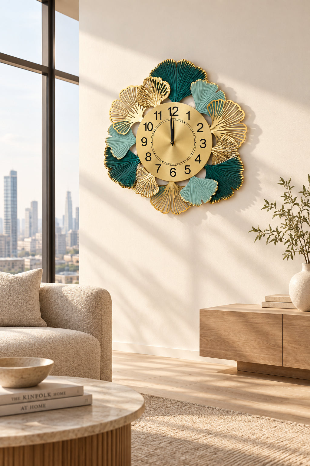 Handcrafted Metal Wall Clock with Gold & Emerald Accents – Luxury Modern Decorative Wall Clock for Living Room